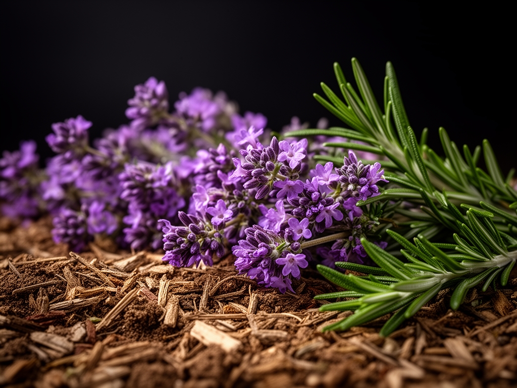 Makrofoto av torkade örter och växtmaterial i naturliga jordtoner – kvistar av timjan och rosmarin mot mörk bakgrund med mjukt riktat ljus