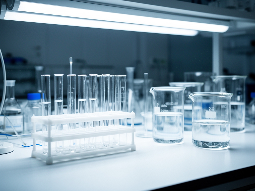 Rent laboratorium med glasprovrörsställ och genomskinliga behållare fyllt med klara vätskor på en vit bänkyta under kall lysrörbelysning – steril och organiserad miljö